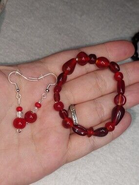 Red Glass Beaded Bracelet and Earrings Set - Women's Jewelry